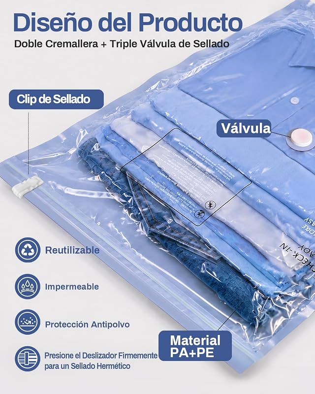 Paquete de 12 bolsas de almacenamiento al vacío (4 de 100 x 80 cm, 4 de 74 x 54 cm y 4 de 64 x 47 cm) con bomba eléctrica y doble cremallera, impermeables y herméticas.