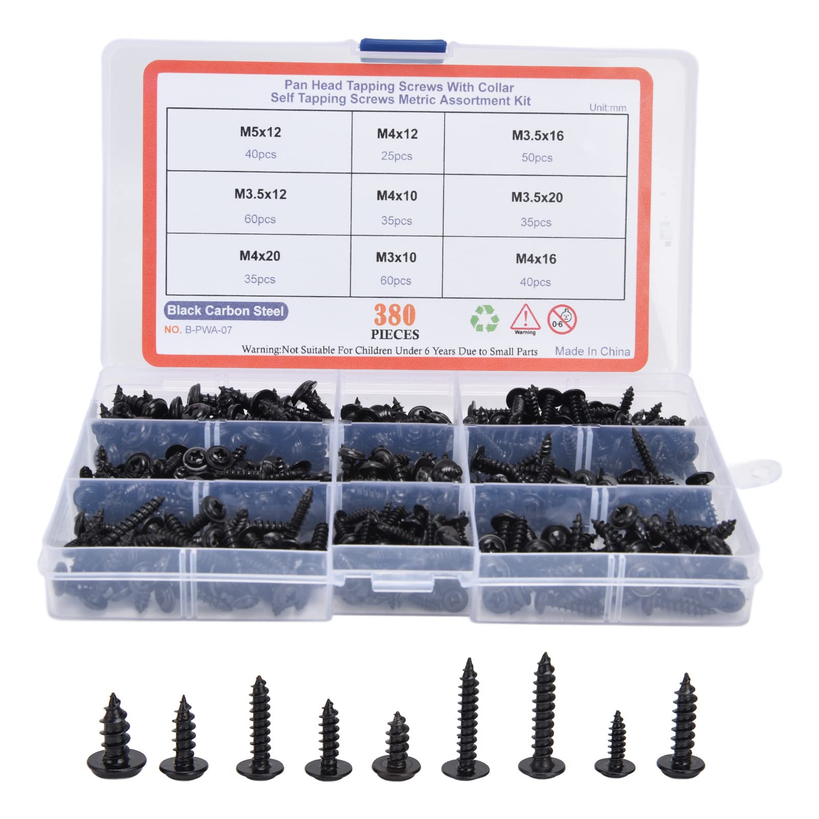 FLEXMAN 380Pcs Self Drilling Screws Kit, M3 M3.5 M4 M5 Black Carbon Steel Round Head Self Tapping Screw Set with Washer for Building Repair