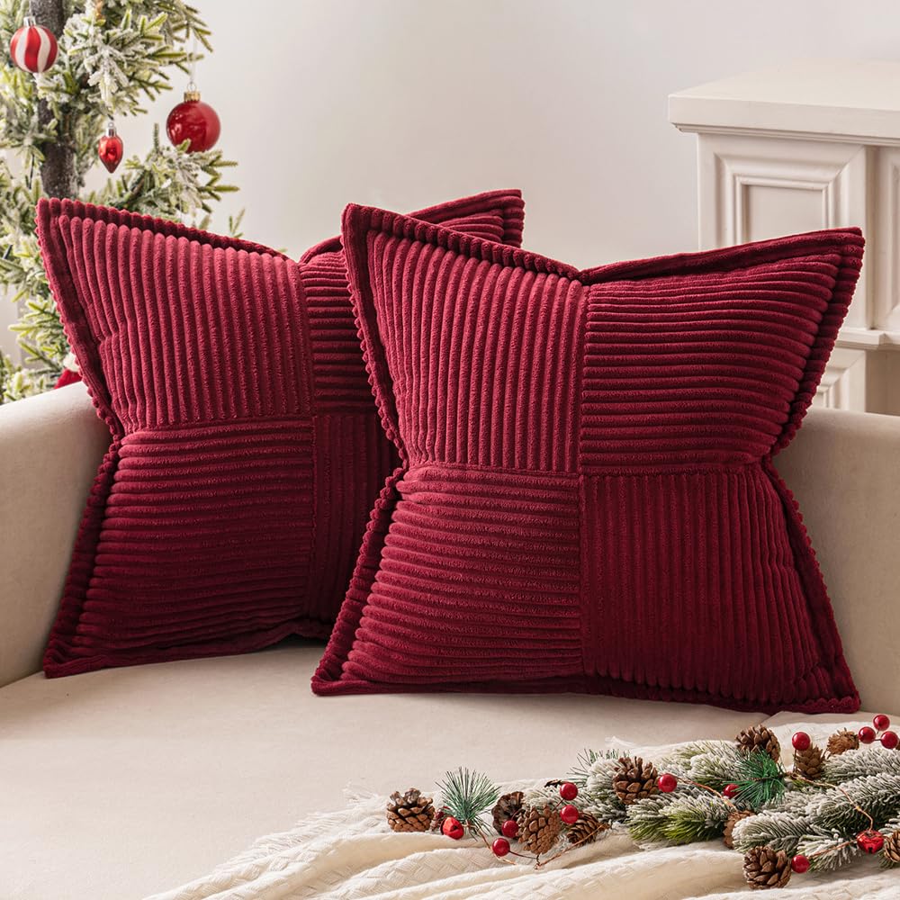 MIULEE Corduroy Cushion Covers Pack of 2 Decorative Modern Patchwork Throw Pillow Covers Soft Pillowcase Cushions for Home Winter decor Sofa Couch with Invisible Zipper Burgundy 45x45cm — image 1