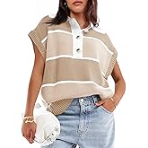 Saodimallsu Women's V Neck Button Down Striped Short Sleeve Knit Sweater