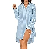 Rooscier Women's Striped Nightgown Collar V Neck Long Sleeve Sleep Shirts Nightdress Button Down Nightwear