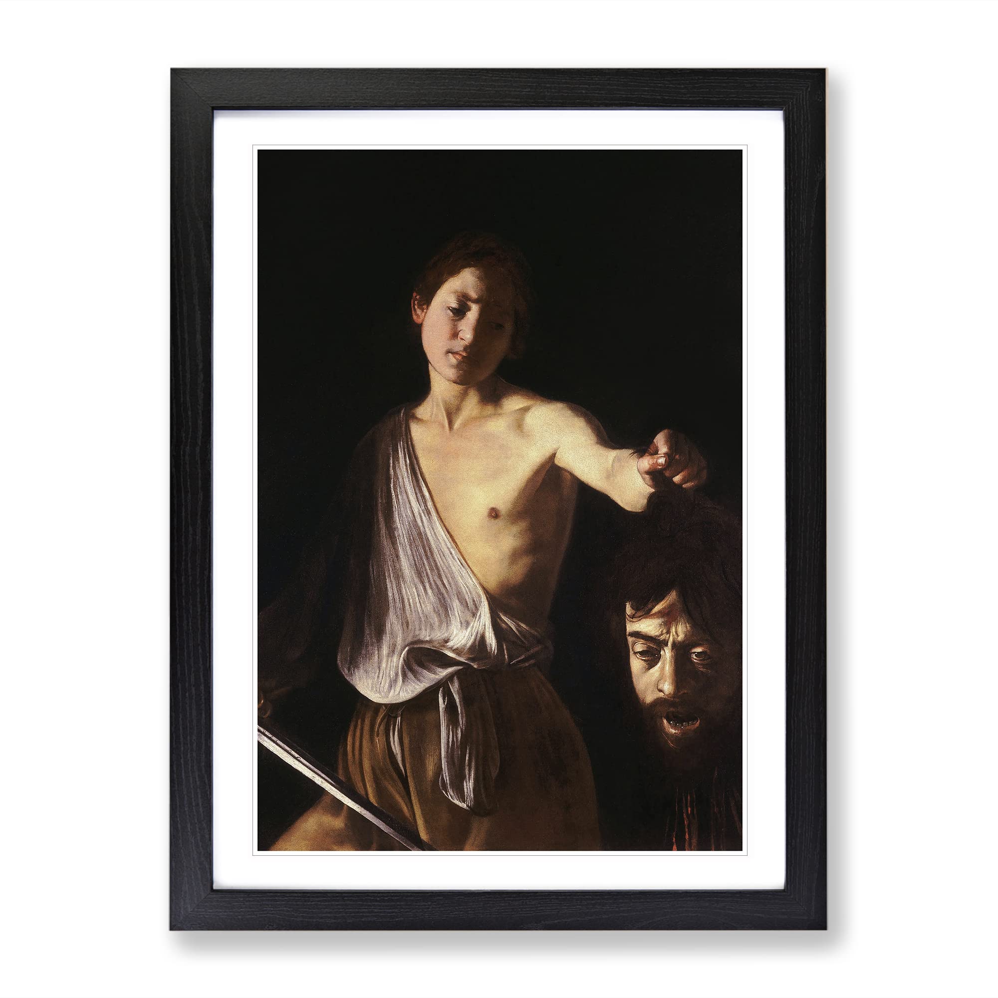 Michelangelo Caravaggio David With The Head Of Goliath Classic Painting Framed Wall Art Print, Ready to Hang Picture for Living Room Bedroom Home Office Décor, Black A4 (34 x 25 cm)