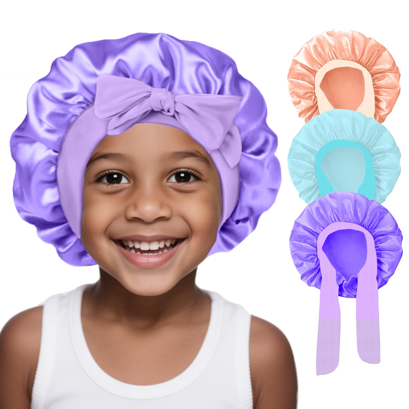 3Pcs Kids Silk Satin Bonnet for Sleeping - Baby Hair Sleep Bonnet,Kids Bonnets for Girls Toddler Child with Wide Elastic Tie Band,Sleep Cap Night Hair Hats for Curly Natural Hair(Purple+Blue+Gold)