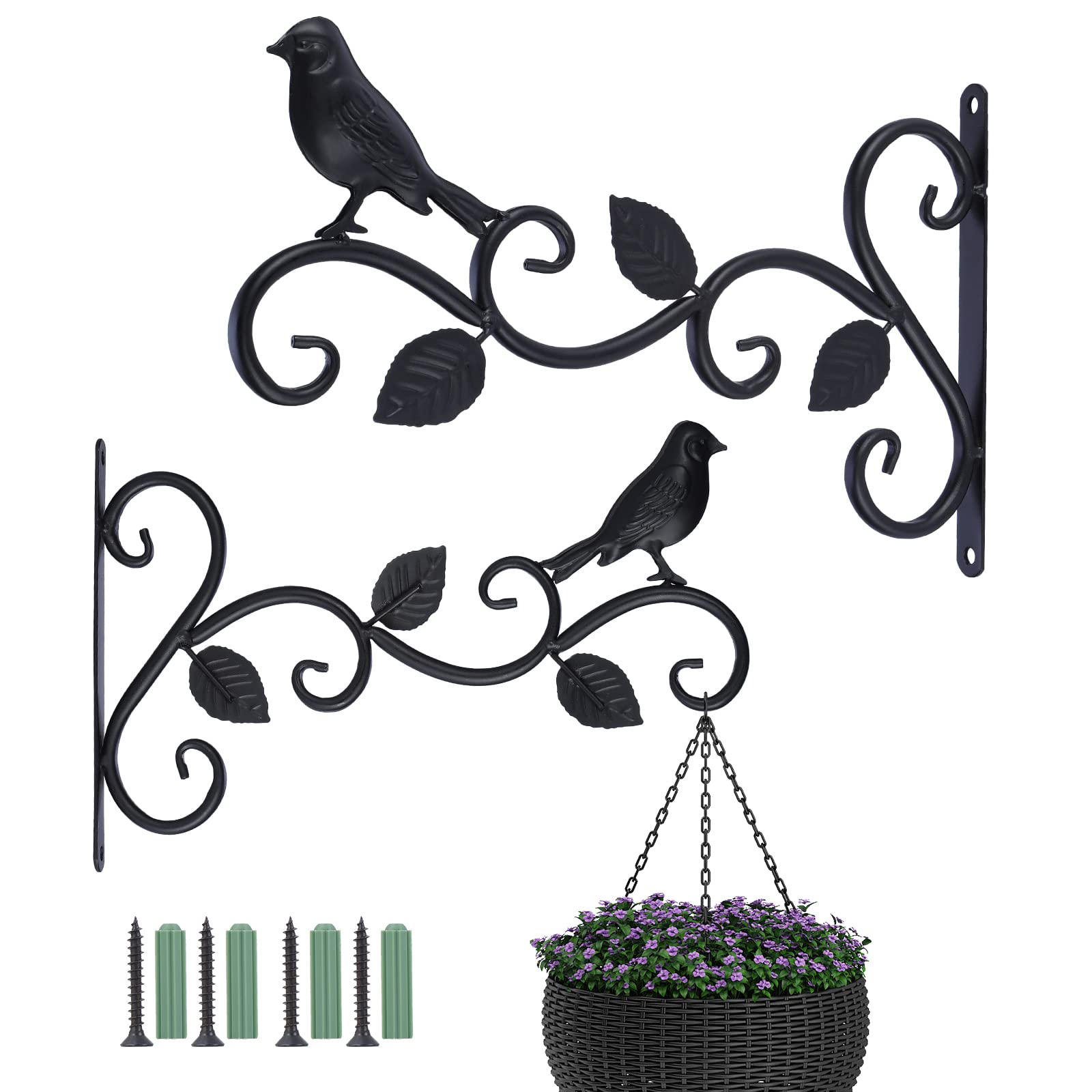 Kyrio 2 Pack Hanging Basket Bracket Outdoor, 12 Inch Wall Hanging Hook Metal Retro Garden Hook Decorative Plant Brackets for Bird Feeders Lanterns (3 Leaves)