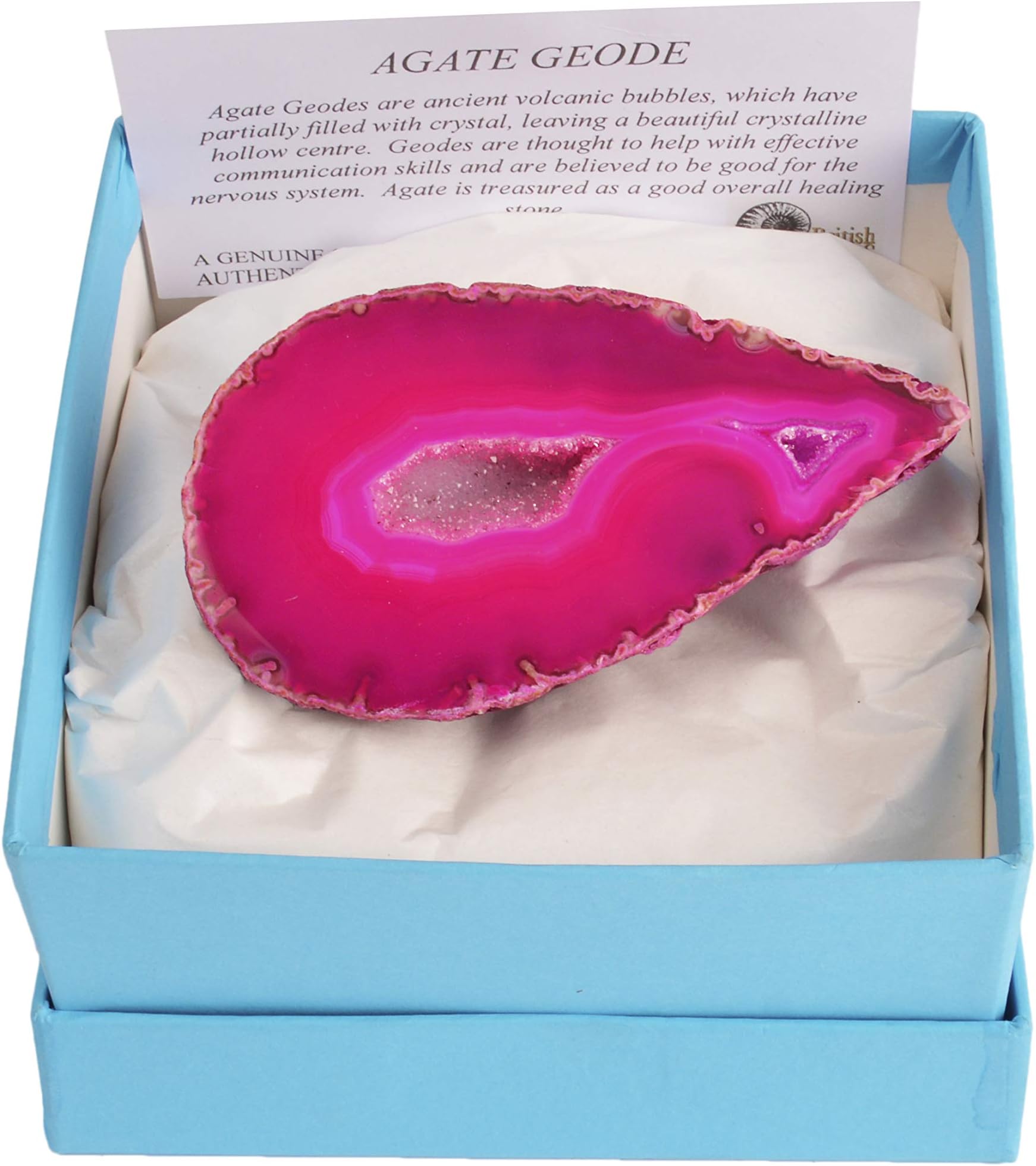 Gift-Boxed Pink Brazilian Agate Geode - With Information Card & Stand