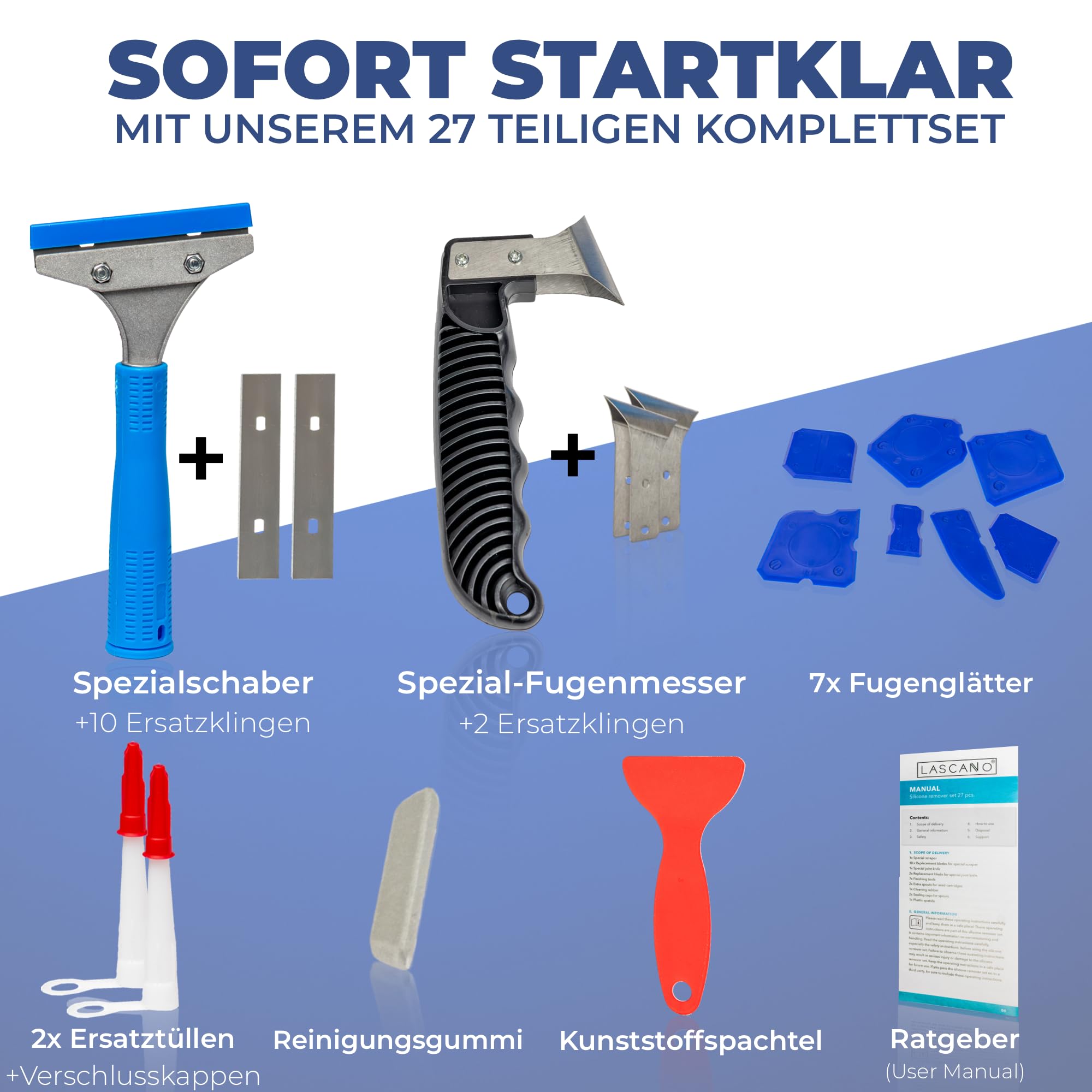Lascano® Silikonentferner Set 27-teilig, Werkzeug zur Entfernung von Silikonfugen – Inkl. Spezialschaber, Fugenmesser, Fugenglätter, Ersatzklingen & Zubehör 2