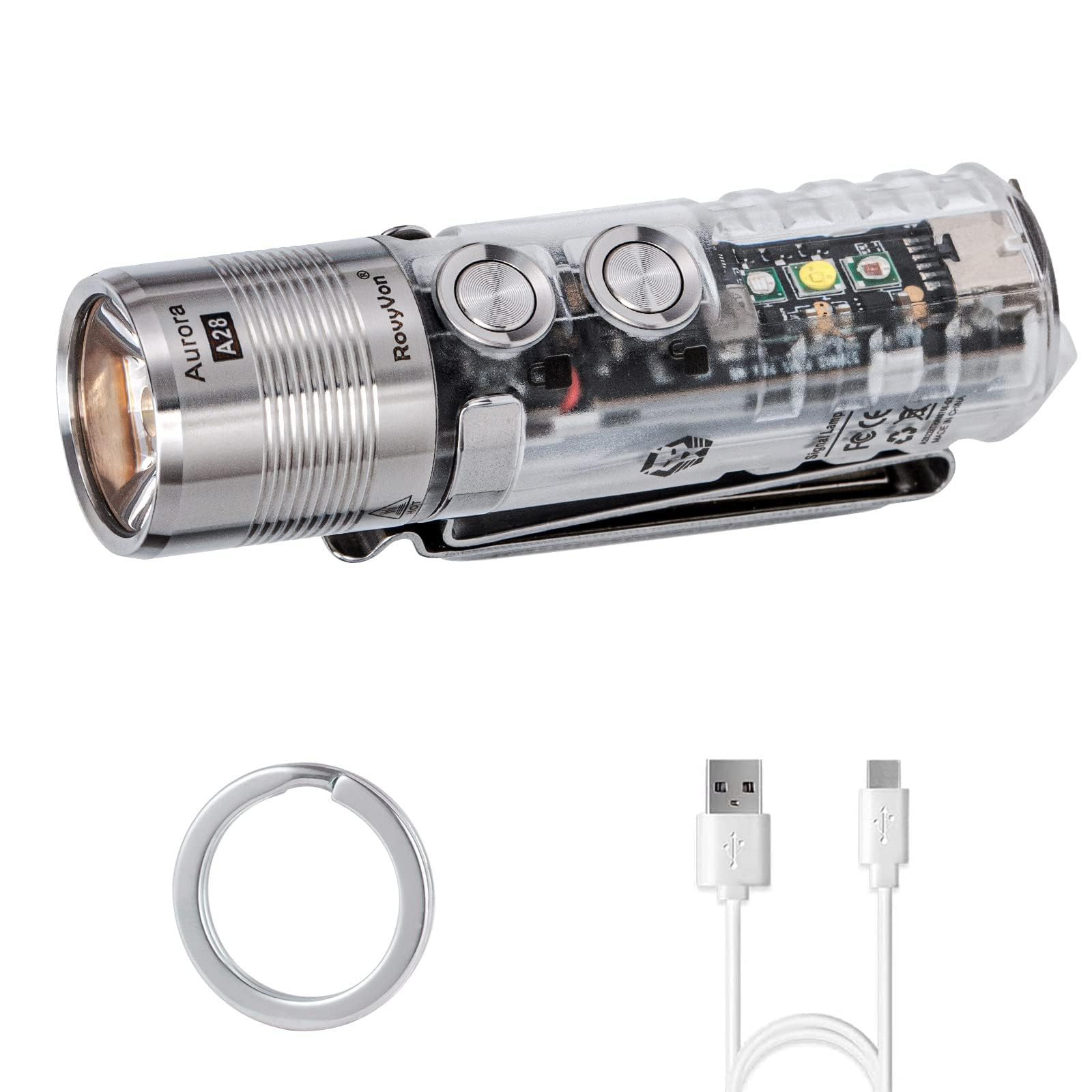 RovyVon Aurora A28-G2 Pocket Torch Rechargeable,600 Lumens High CRI Small Flashlight with 365nm & Red & White Sidelight,Magnetic Clip,IPX8,850mAh Battery,USB C-A Cable Included