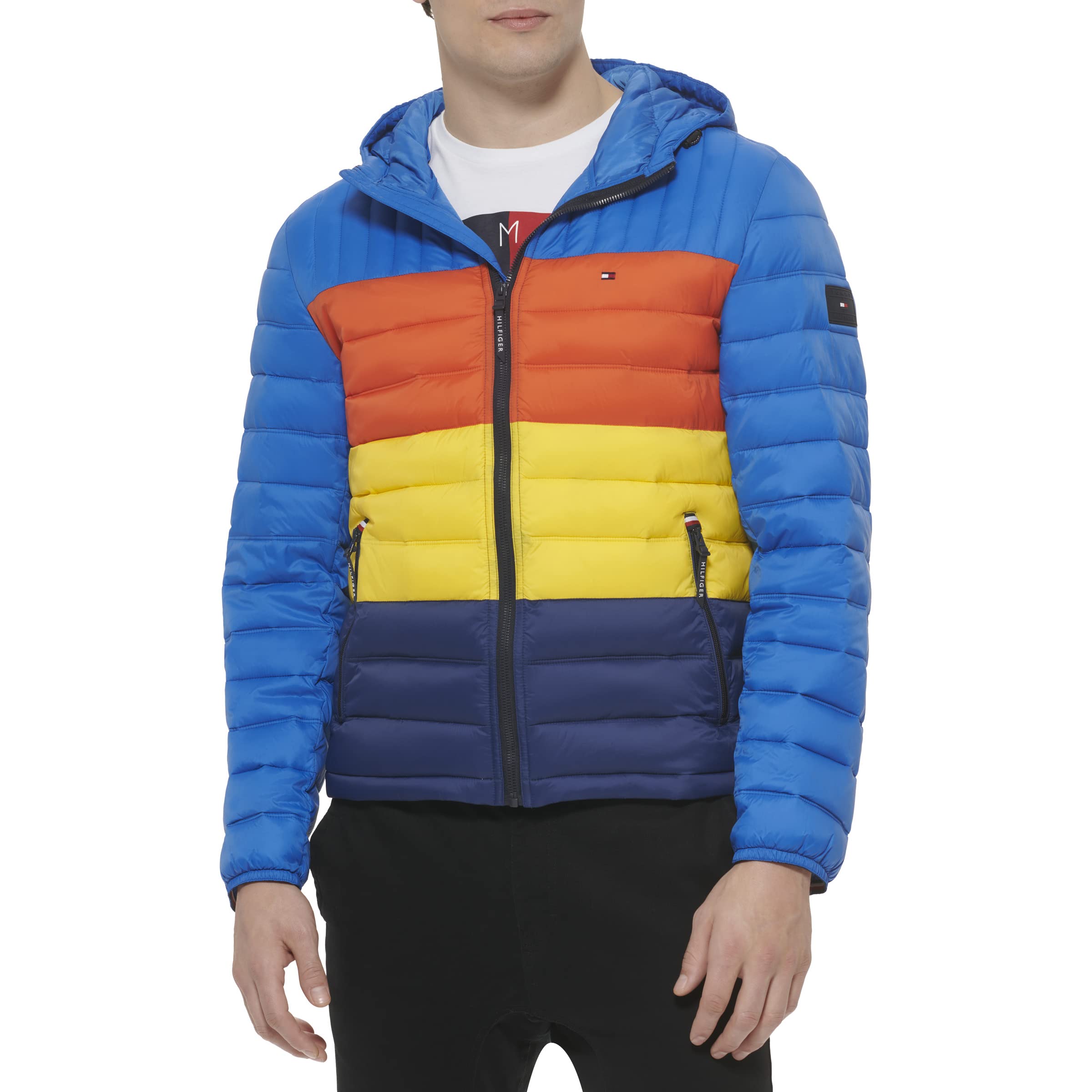 Tommy Hilfiger Men's Water Resistant Ultra Loft Filled Hooded Puffer Jacket, Blue Multi Colorblock, Large Image