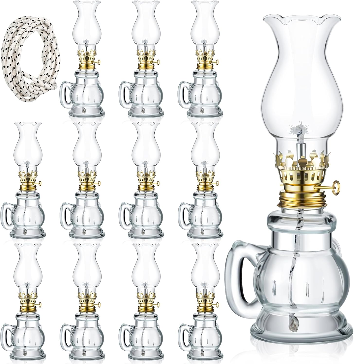 Oil Lamps & Accessories - Vintage Glass Kerosene Lamp Rustic Oil Lamp Lantern Chamber Oil Lamps Clear Kerosene Lamp Hurricane Lamp with 6.6 ft Extra Wick for Indoor Use Lighting Home Decor Emergency (12 Pcs,Elegant)