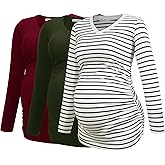 Smallshow Women's V-Neck Maternity Shirt Clothes Long Sleeve Ruched Pregnancy Top