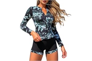 Women's Two Piece Rash Guard Long Sleeve Bathing Suit UV Block Swimsuits Boy Shorts Bottom Swim Shirts