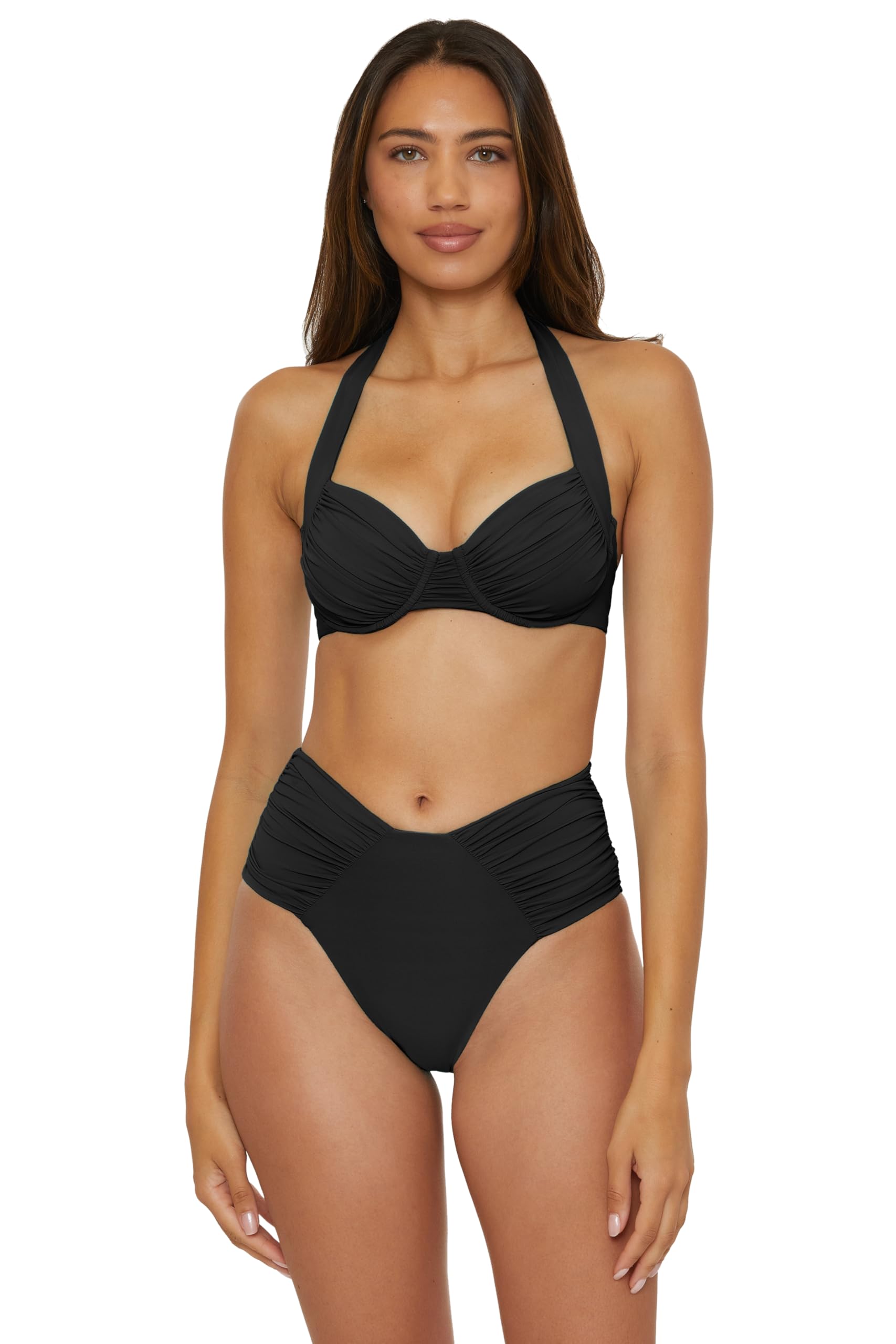 BECCA Women’s Standard Color Code Shirred Underwire Bikini Top, Adjustable, Tie Back, Swimwear Separates, Black