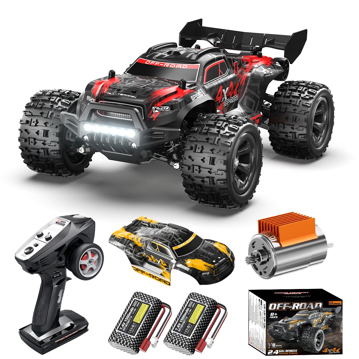 1:18 Scale RC Cars All Terrain Off Road 4WD Remote Control Car 36KM/H High Speed RC Monster Truck, Electric Vehicle with 2.4GHz Racing Car , Two 7.4V 1500mAh Rechargeable Batteries,for boys & adults