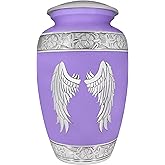 NANIURN Funeral Urn for Ashes for Woman & Man, Cremation Urns for Human Ashes Adult Female or Male, Burial or Decorative Urns, Hand Engraved Angel Wings Urn, Silver Wing, Purple - Large Size