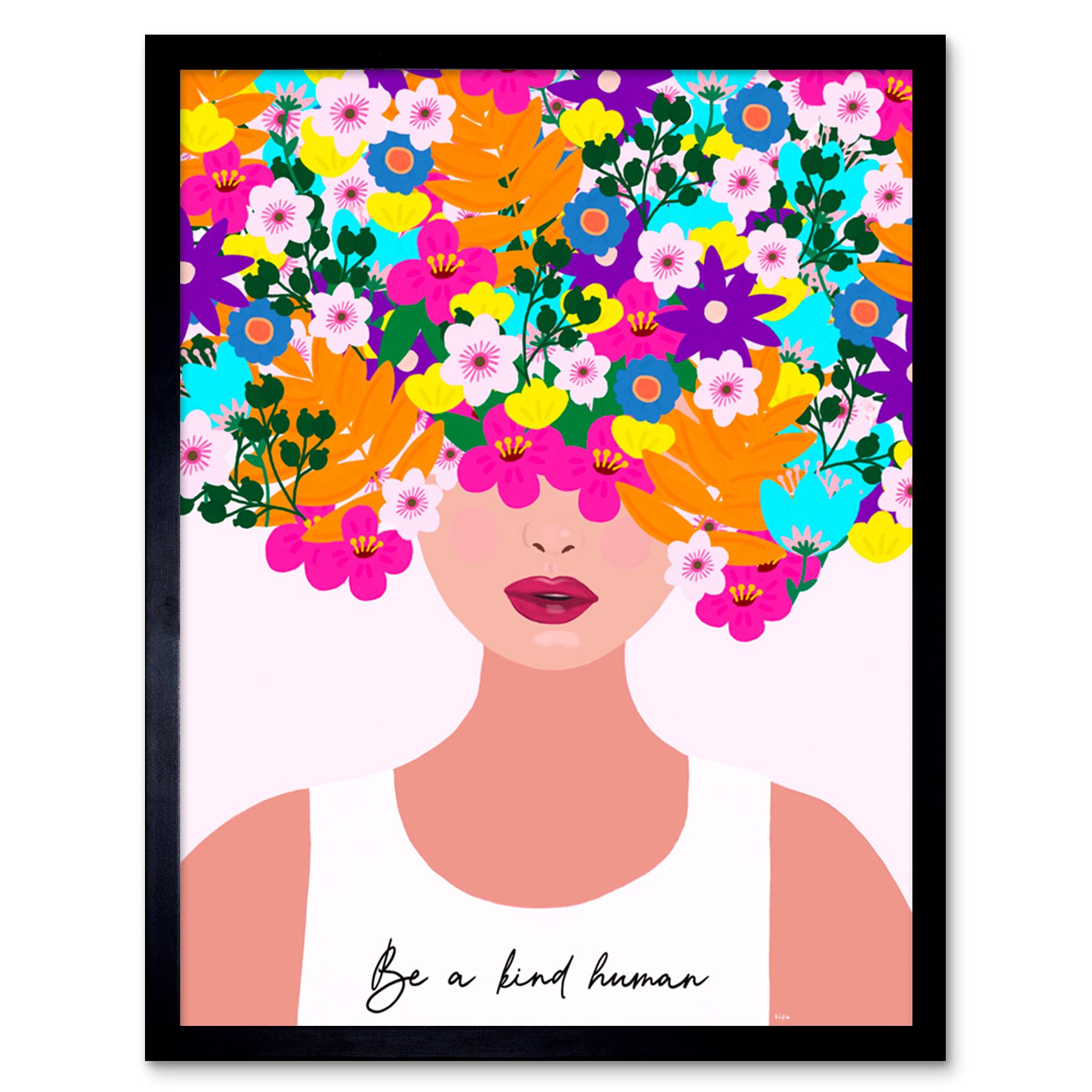 Wee Blue Coo Be a Kind Human Floral Woman Art Print Framed Poster Wall Decor 12x16 inch