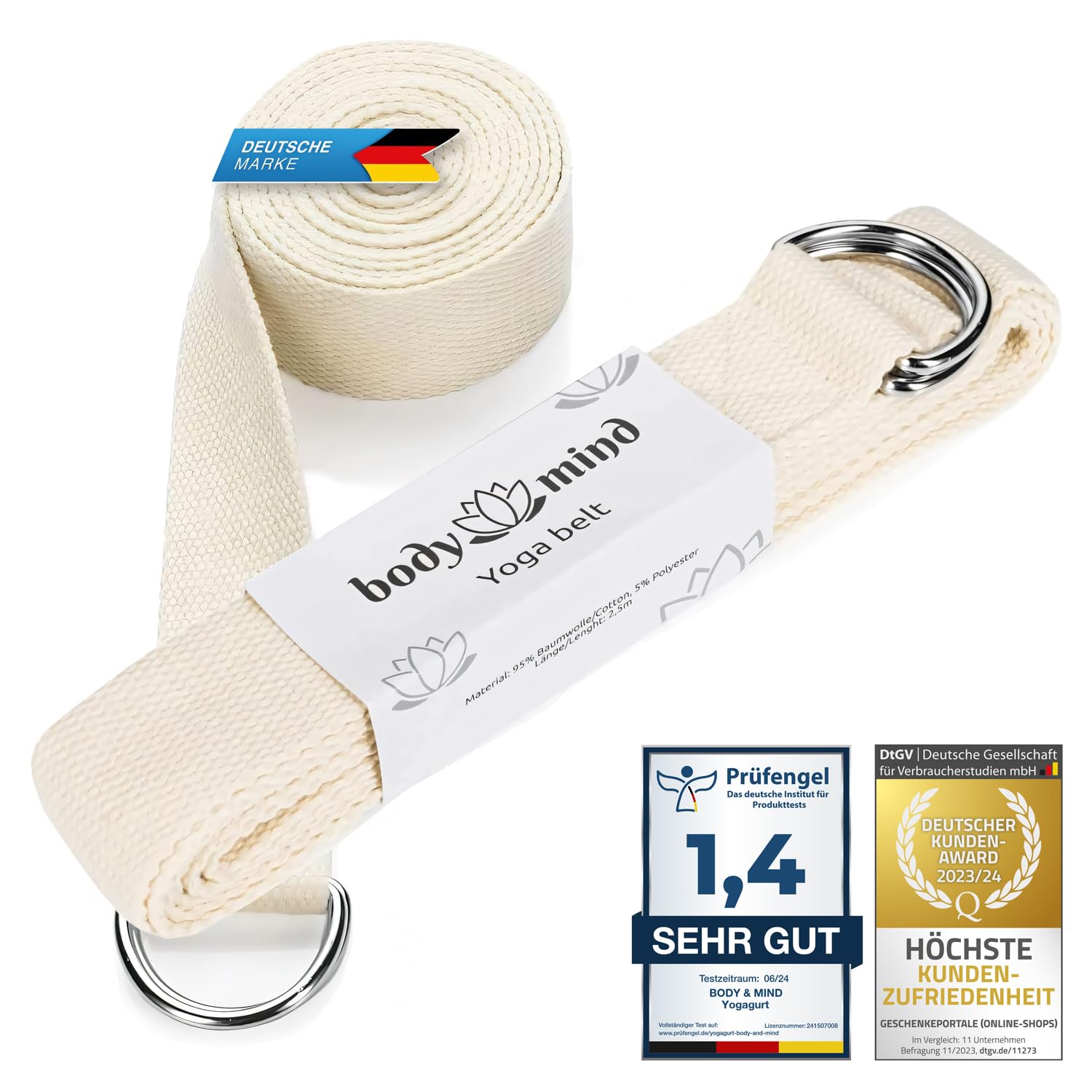Body & Mind® Yoga strap made of 100% natural cotton - 250 cm long; Yoga belt with D-ring fastener for beginners & advanced; Pilates, yoga & fitness exercises (Ivory)