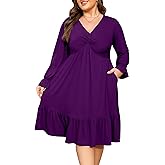 Baosuu Womens Plus Size Fall Dress Casual Long Sleeve V Neck Flowy Twist Knot Front Dress with Pockets (Purple,XL)