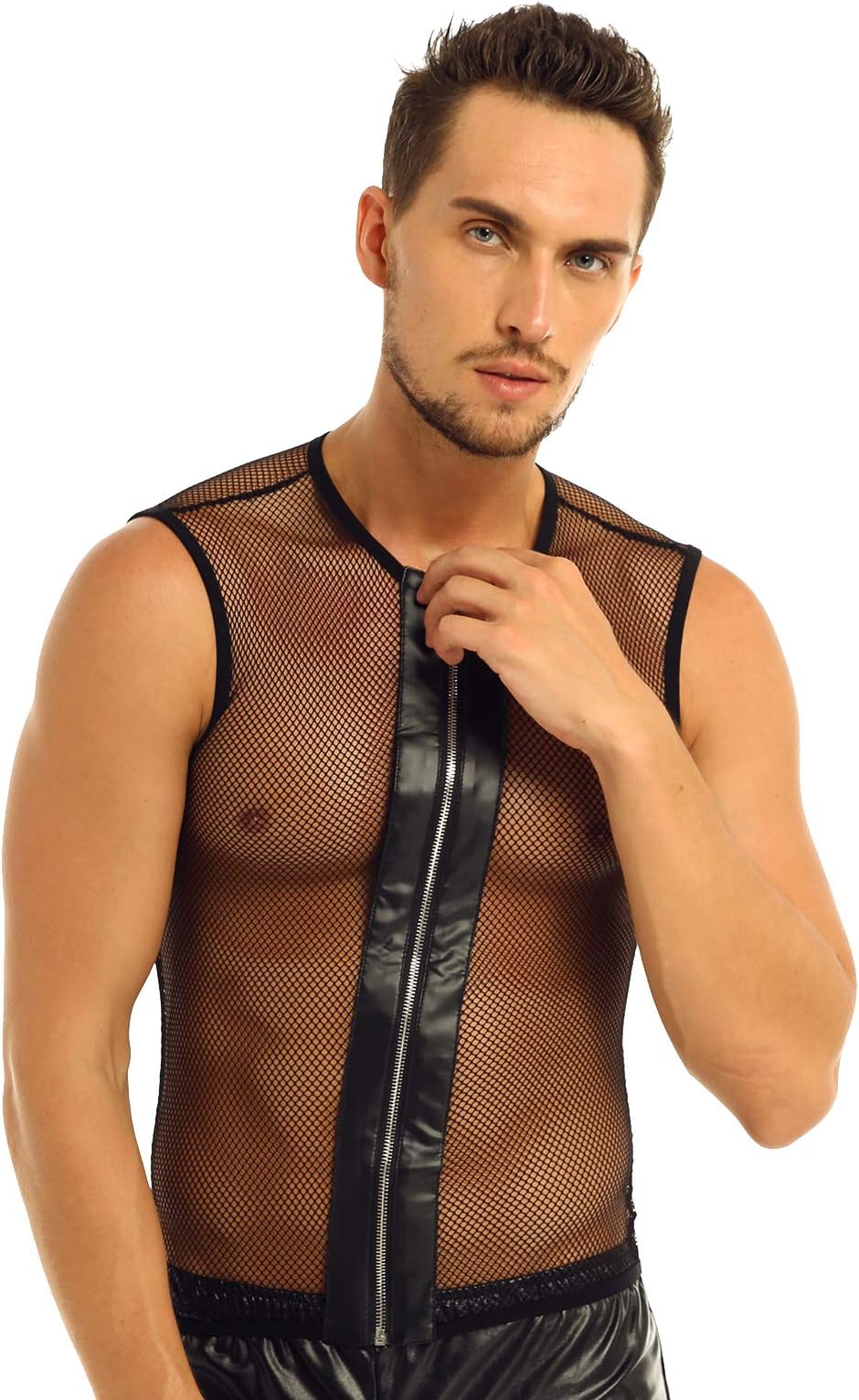 Men's Fishnet See-Through Sleeveless Zipper Tank Top Vest Mesh Muscle T Shirts Training