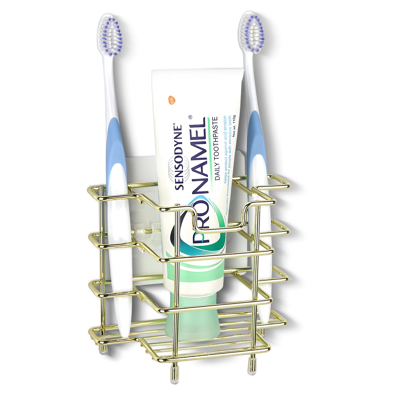 Linkidea Wall Mount/Countertop Toothbrush Holder for Shower, Stainless Steel Toothpaste Stand, 3 Slots Organizer Compatible with Colgate Extra Clean, Oral-B CrossAction (Gold)