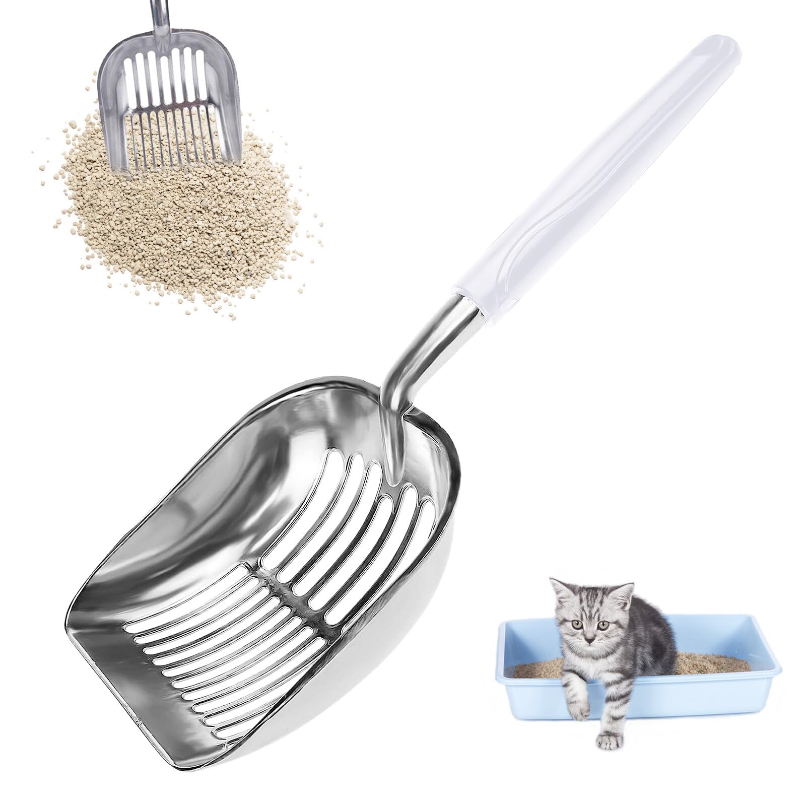 GmeDhc Metal Cat Litter Scoop, Large Durable Cat Poop Scoop, Fast Sifting Cat Litter Deep Shovel, with Ergonomic Long Handle, Suitable for All Cat Litter Types