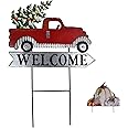 Metal Red Pickup Truck Yard Stake Interchangeable Welcome Sign Loads with Pumpkin Christmas Tree Fall Xmas Decor Seasonal Garden Decoration for Harvest Autumn Christmas Thanksgiving