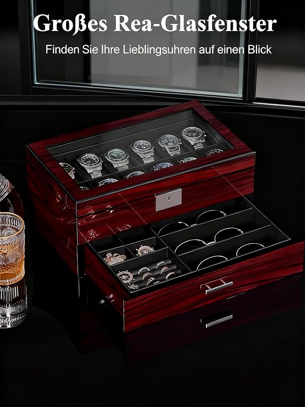 Uhrenbox 12 Fächern für Herren,2 Ebenen Uhrenkasten mit Glasdeckel