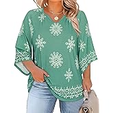 Koscacy Plus Size Tops for Women 3/4 Sleeve Shirts Casual V Neck Loose Fit Blouse