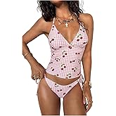 SHENHE Women's Tankini Swimsuits Gingham Bow Halter Neck High Waisted Bathing Suit Swimwear
