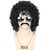Topcosplay Black Afro Jerry Curl Wig for Men or Women 5pcs Set 70s 80s Disco Hippies Wig Rock Party Outfit Short Curly Wigs Halloween Costume Accessories