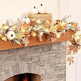 2PACK 2x6ft Fall Garland with Lights,Fall Leaves Garland with Lights, Autumn Leaf Lights for Mantle Door Table Outdoor Home, Autumn Decor, Fall Decor with Pumpkins, Thanksgiving Decorations
