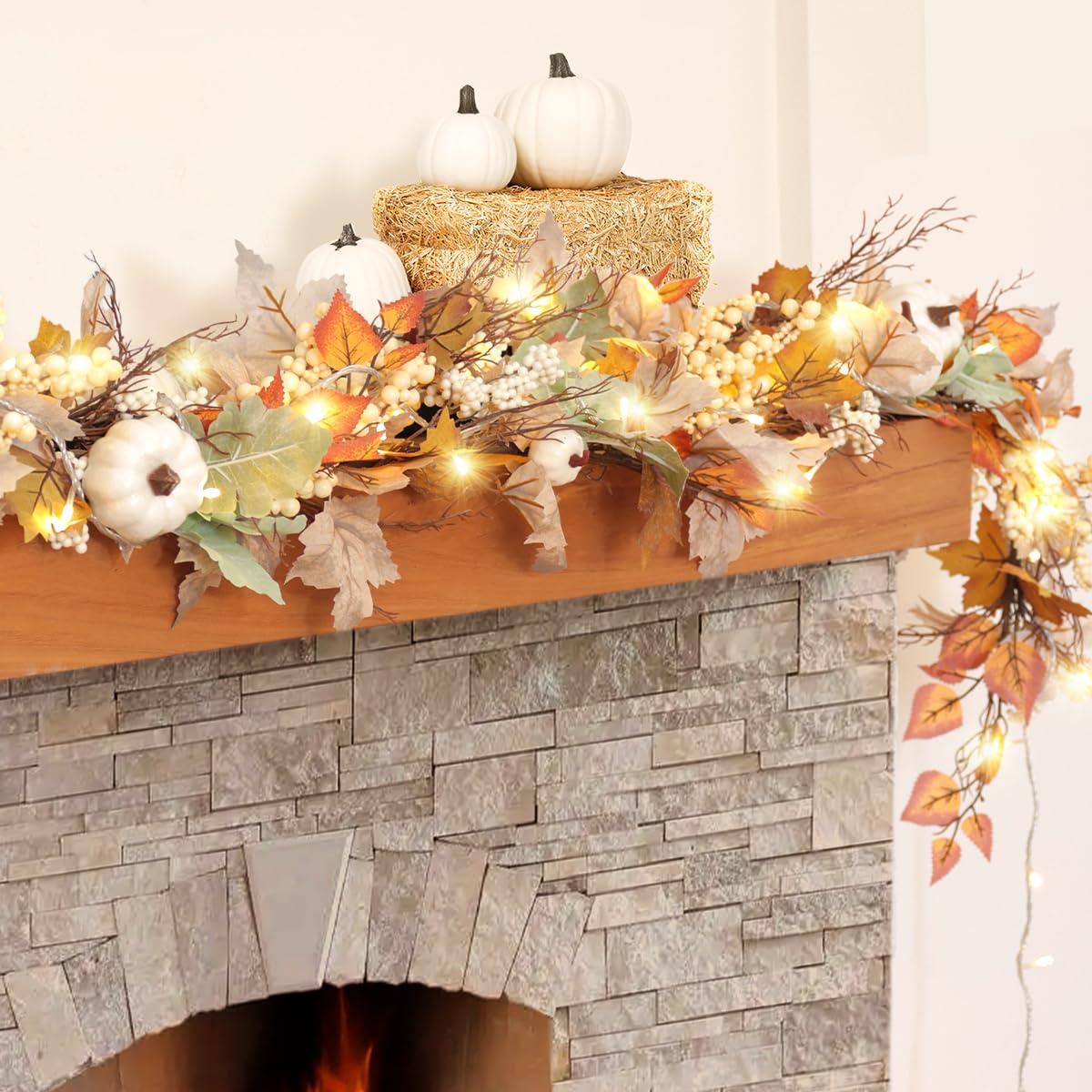 Photo 1 of 2PACK 2x6ft Fall Garland with Lights,Fall Leaves Garland with Lights, Autumn Leaf Lights for Mantle Door Table Outdoor Home, Autumn Decor, Fall Decor with Pumpkins, Thanksgiving Decorations