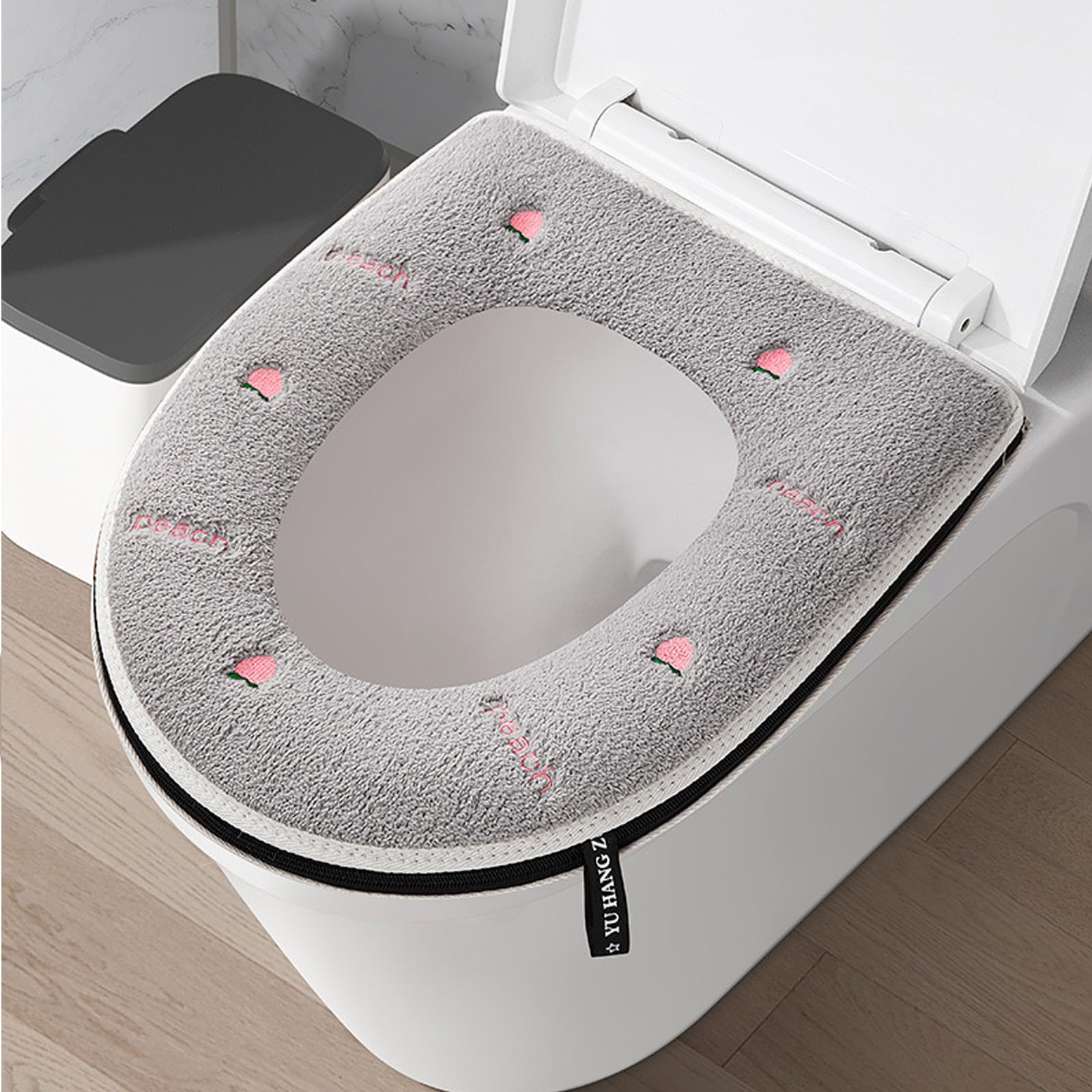 EQLEF Toilet Seat Warmer Covers, Plush Toilet Seat Pad with Zipper Washable Toilet Seat Cushion Cover with Handle Non-slip Toilet Seat Cover Pads in Grey Printed Cute Peach Patterns 38 * 43cm