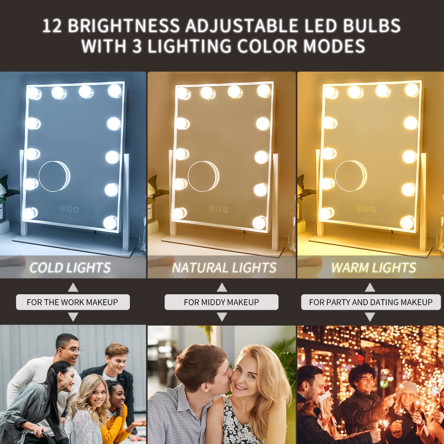 Vanity Mirror with Lights,Lighted Vanity Mirror with 12 Dimmable Bulbs for Dressing Room & Bedroom,3 Color Lighting,Modes Detachable 10x Magnification 360°Ratation