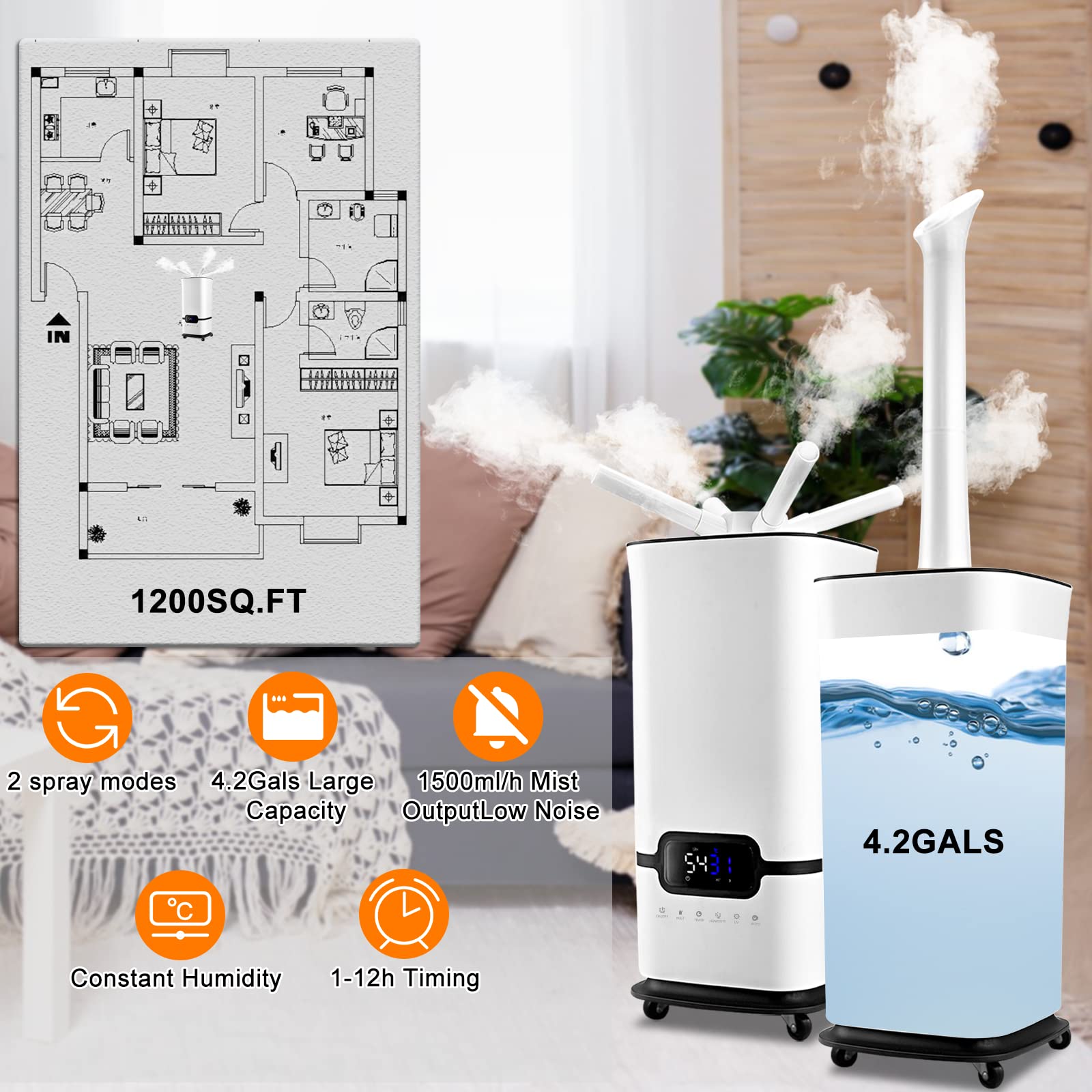 JIAWANSHUN Industrial Humidifier Commercial Humidifier with Water Pipe 1500ML/h Cool Mist Humidifier,1200sq.ft 17L/4.2Gals Whole House Humidifier Top Filled Humidifier for Large Room Green House