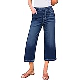 GRAPENT Capri Jeans for Women Wide Leg High Waisted Effortless Flow Pull On Stretchy Denim Elastic Waist Pants with Pockets