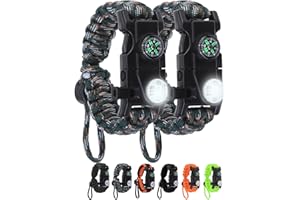 NESAYVER Adjustable Survival Paracord Bracelet, 2 Pack Emergency Fire Starter Kit with Loud Whistle Compass Light Flint Steel