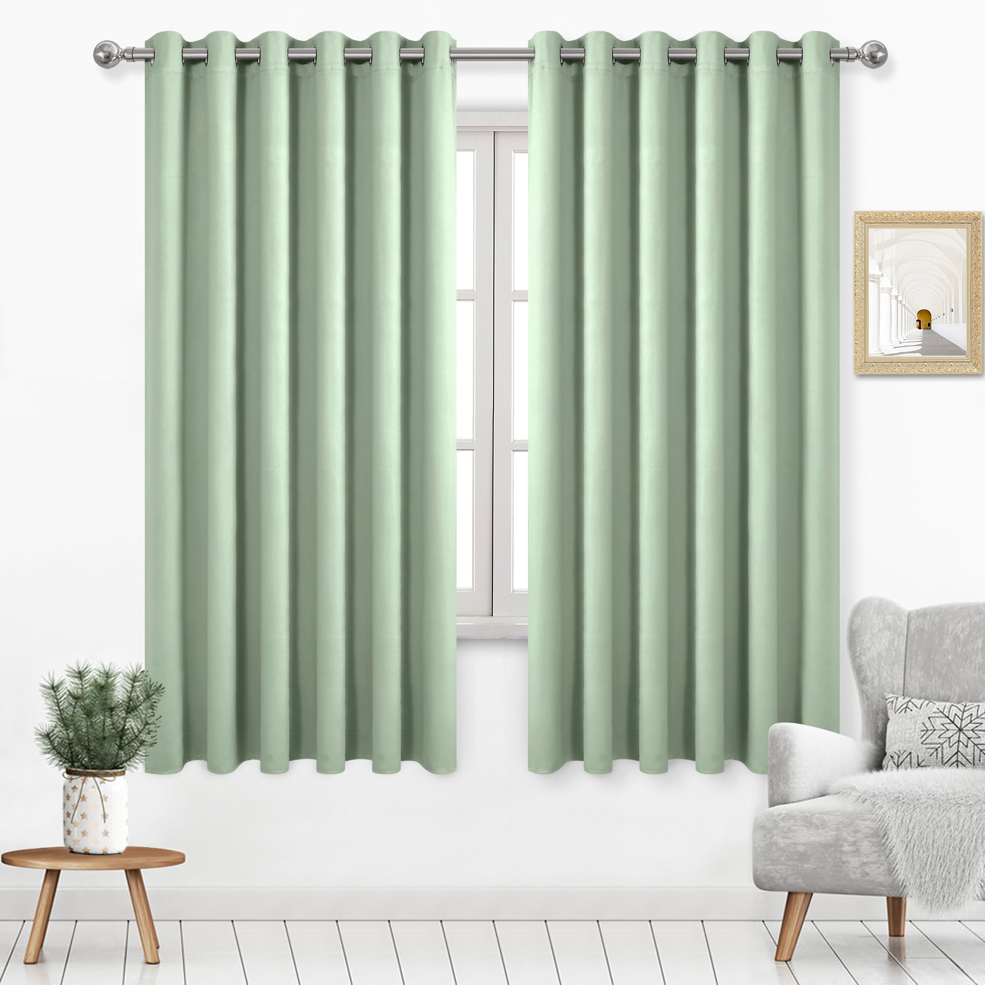 DWCN Blackout Curtains 63 Inch Length, Room Drakening Drapes for Bedroom, Solid Grommet Living Room Extra Wide Panels, Light Green, W70 x L63 Inch, Set of 2 Image