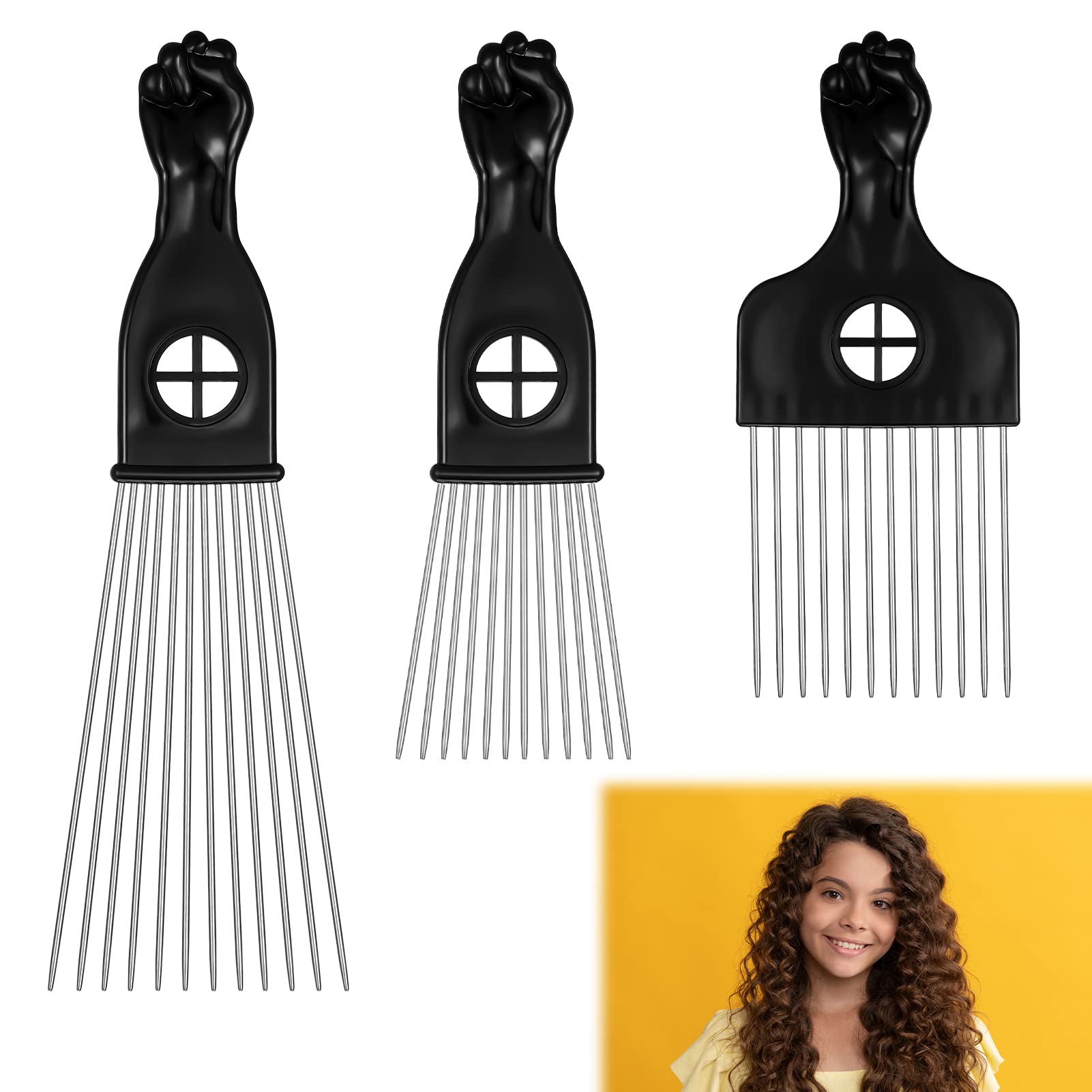 QINREN 3-Piece Afro Comb Set - Metal Wide Teeth Combs for Curly Hair, 3 Styles, Detangling
