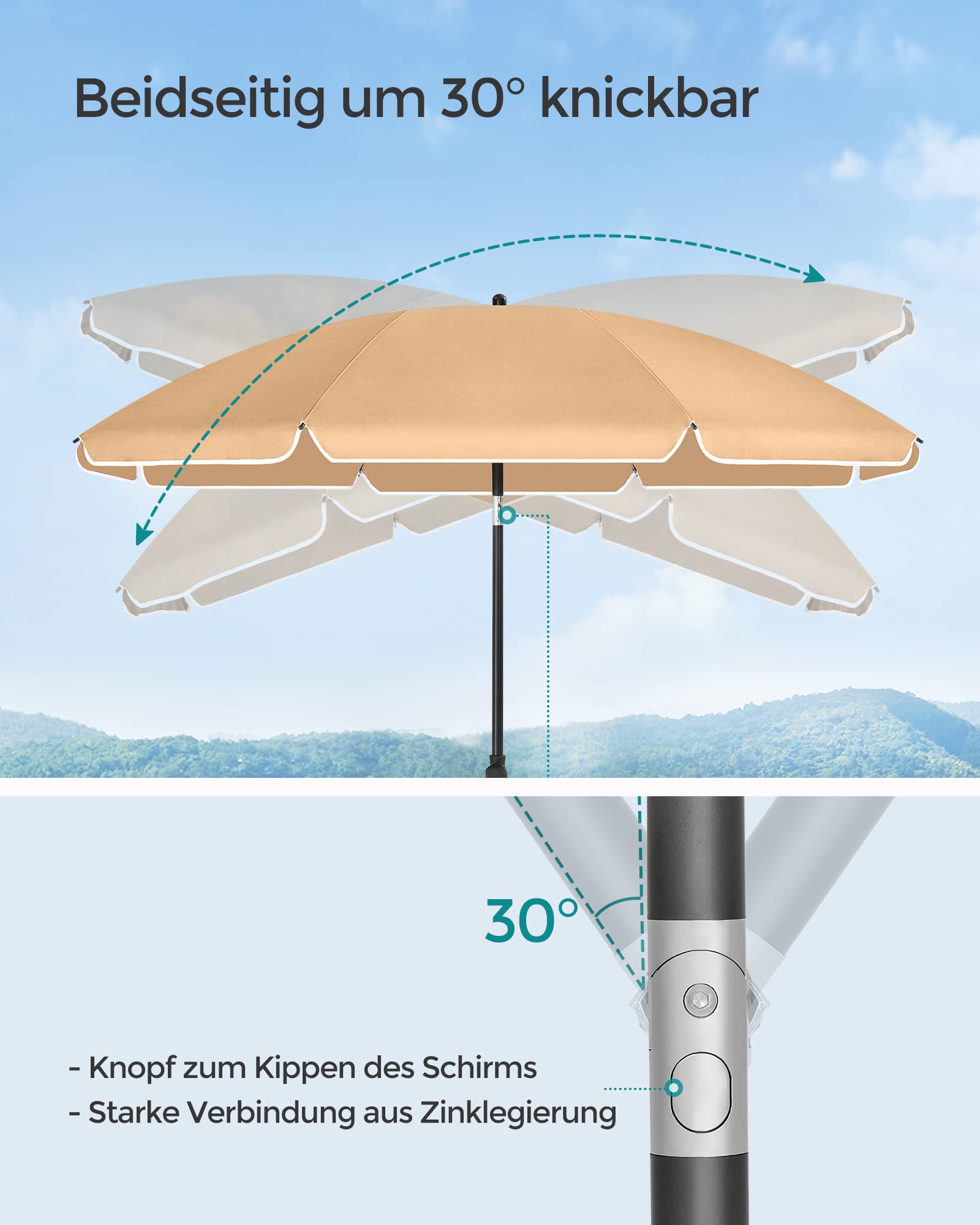 SONGMICS Sonnenschirm, 160 cm, Sonnenschutz UPF 50+, um 30° in 2 Richtungen neigbar, höhenverstellbar, mit Tragetasche, für Balkon, Garten, Terrasse, Strand, ohne Sockel, Taupe GPU60BR 3