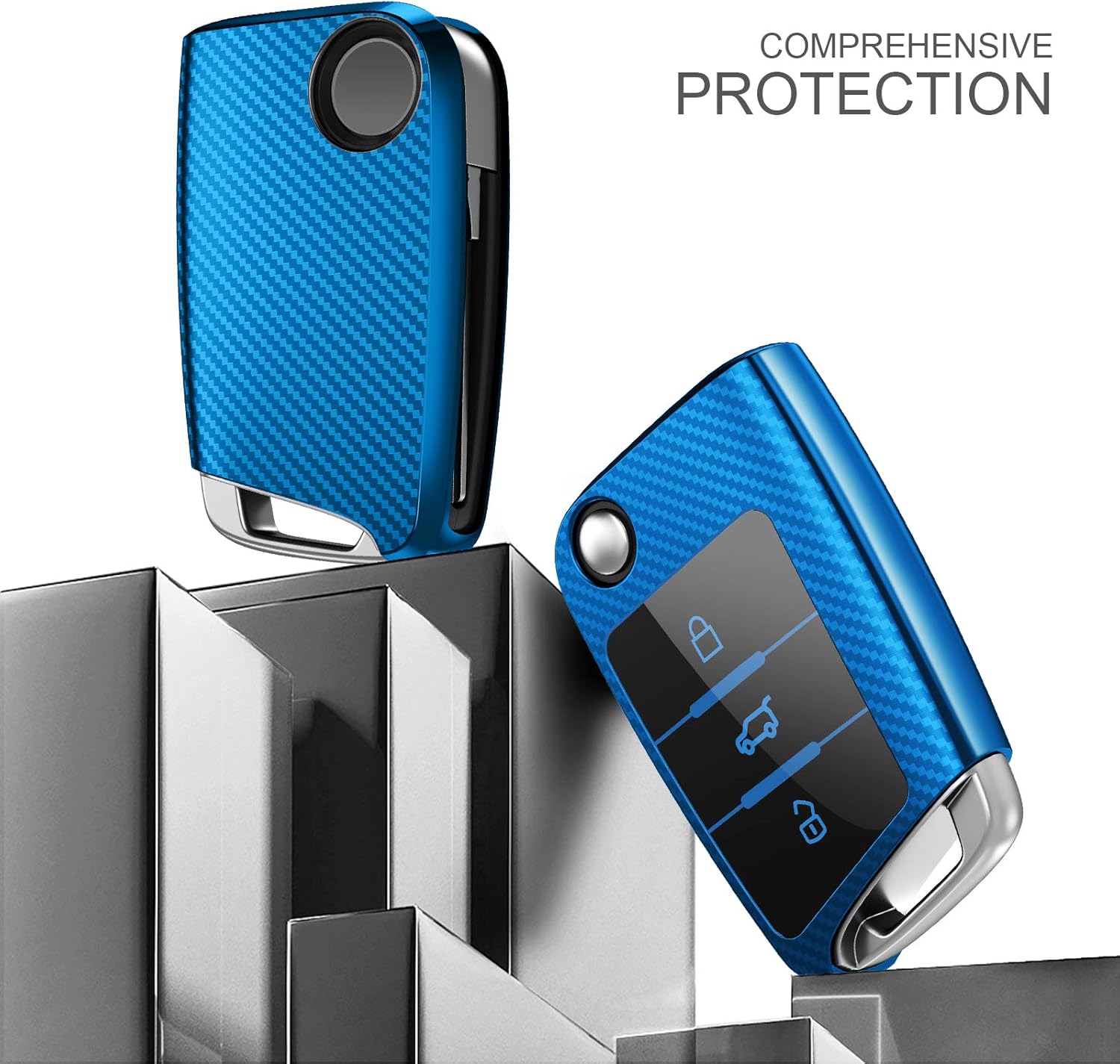 OATSBASF Car Key Cover Compatible with VW,Car Key Case for VW Golf 7 Polo Skoda Seat TPU Silicone 3 Buttons Box (Blue-Stripe) - Image 3