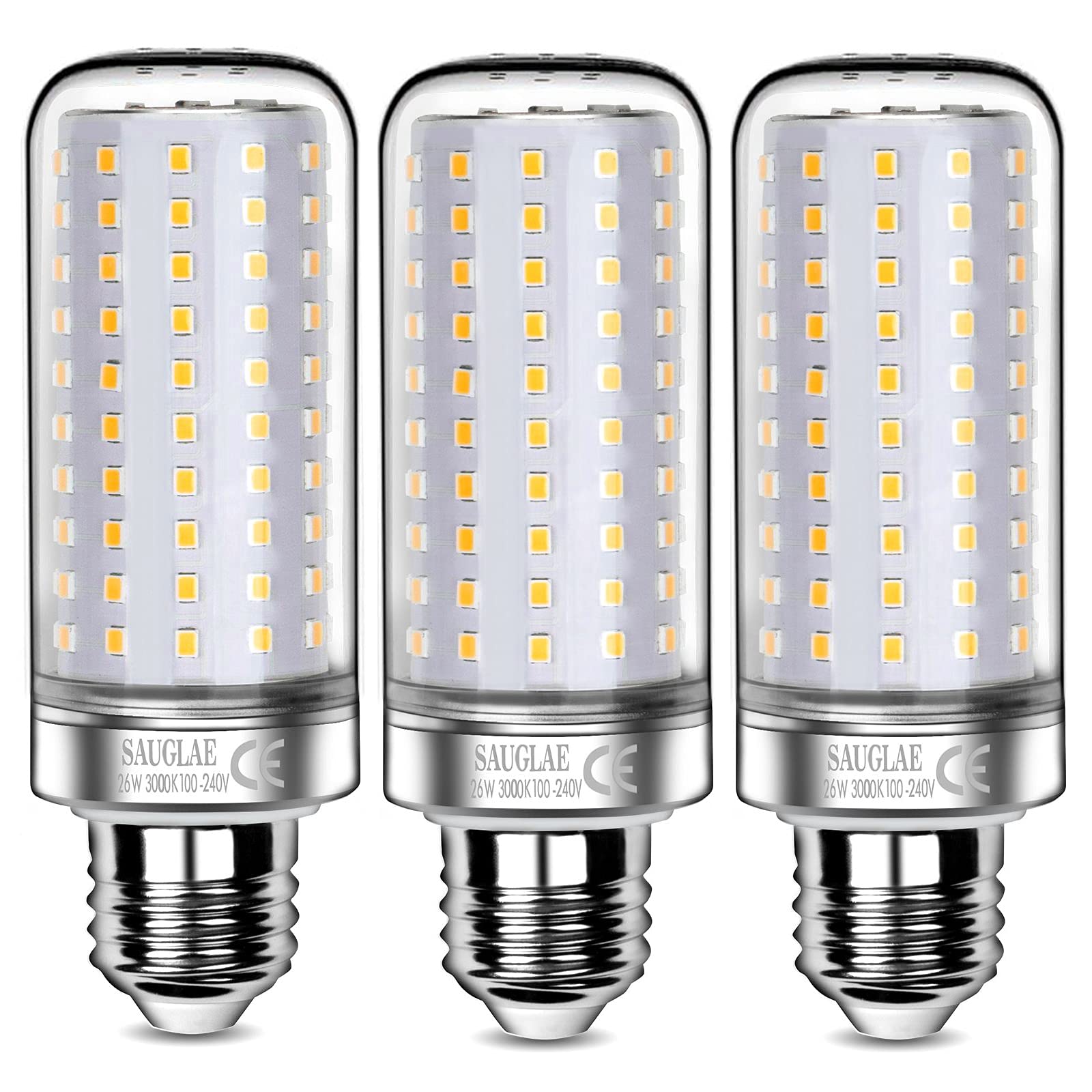 SAUGLAE 26W LED Light Bulbs, 200W Incandescent Bulbs Equivalent, E27 Large Edison Screw, 3000Lm, 3000K Warm White, Pack of 3