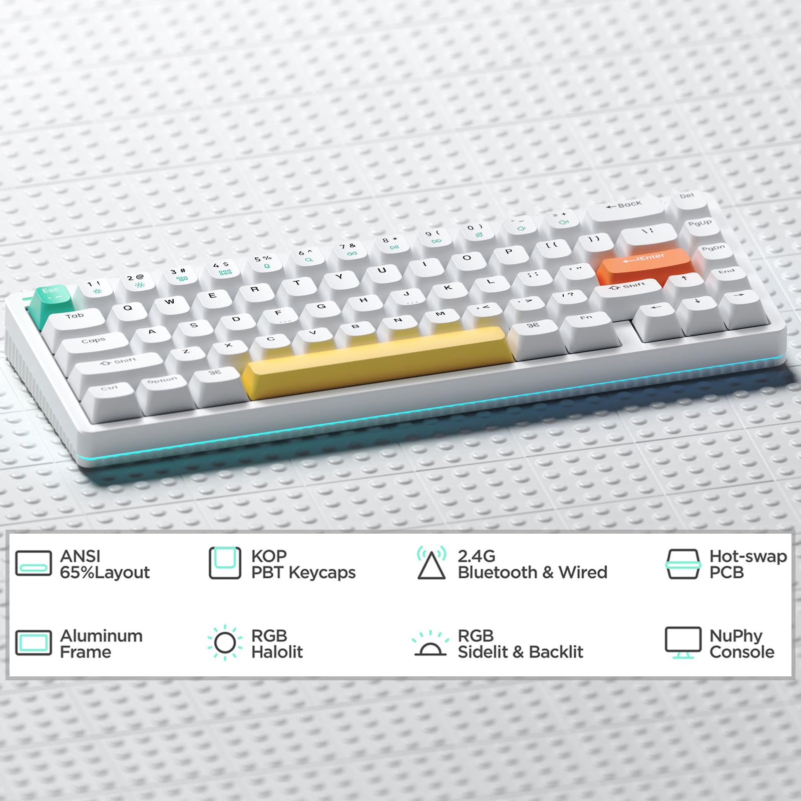 nuphy Halo65 Mechanical Gaming Keyboard with PBT Keycaps, 65% RGB Hot-swap Wireless Keyboard, Supports Bluetooth、2.4G and Wired Connection，Compatible with Mac and Windows-White(Gateron Red Switch)