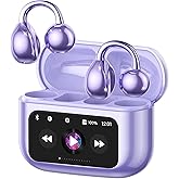 Elegant Touchscreen Clip-On Earbuds, Wireless Open Ear Headphones with 1.3" Color Display, Bluetooth 6.0, 50H Playtime, Ultra-Light 4.1g, IPX5 Waterproof, Perfect for Yoga/Running/Workouts,purple