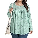 JULYCLO Plus Size Womens Tops Casual Tunic Pleated Blouses Long Sleeve Crew Neck Loose Fit Fall Fashion Shirts 1X-5X