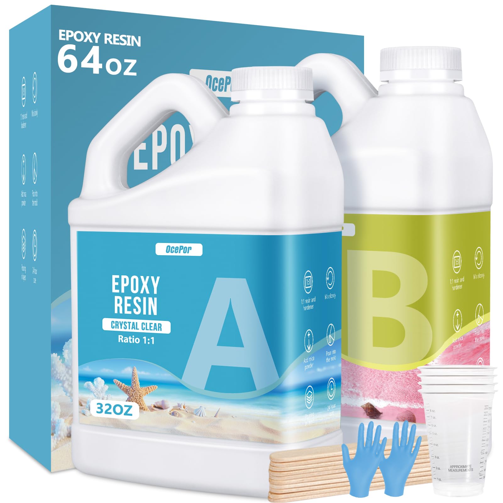 OcePor Epoxy Resin-64OZ, Crystal Clear Epoxy Resin Kit, No Yellowing No Bubble Art Resin Casting Resin for Art Crafts, Jewelry Making, Wood & Molds(32OZ x 2)