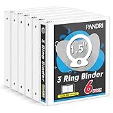 PANDRI 6 Pack 1.5-inch 3 Ring Binders with 2 Interior Pockets, White | 1 1/2inch Binders 3 Ring with Clear View Cover, PVC-Free, Holds 300 Sheets of 8.5'' x 11'' Paper, Office Home School Use