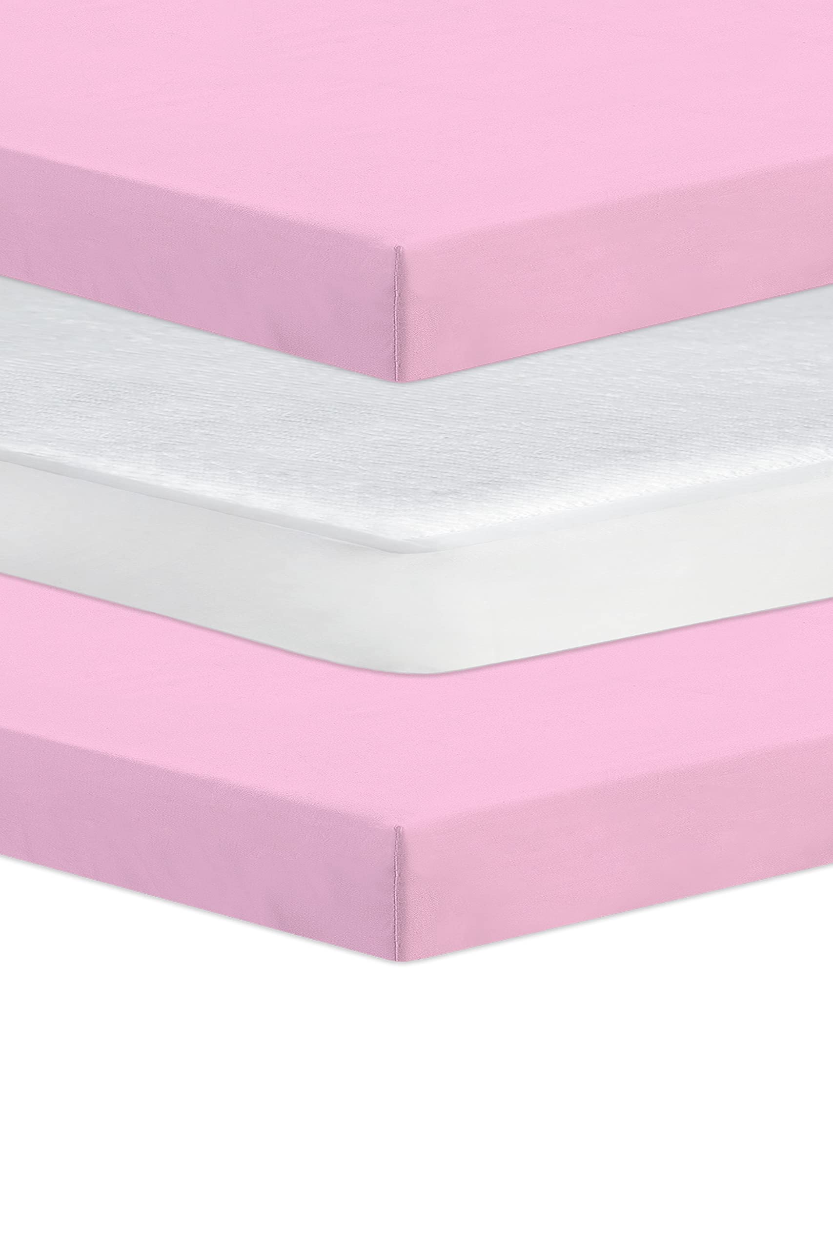 Next To Me Compatible Crib 3 Pack (83-85 x 50-51 cm) - 2x 100% Pure Cotton Crib Fitted Sheets & 1 Waterproof Mattress Protector with 150 GSM Terry Fabric (Pink) โ image 1