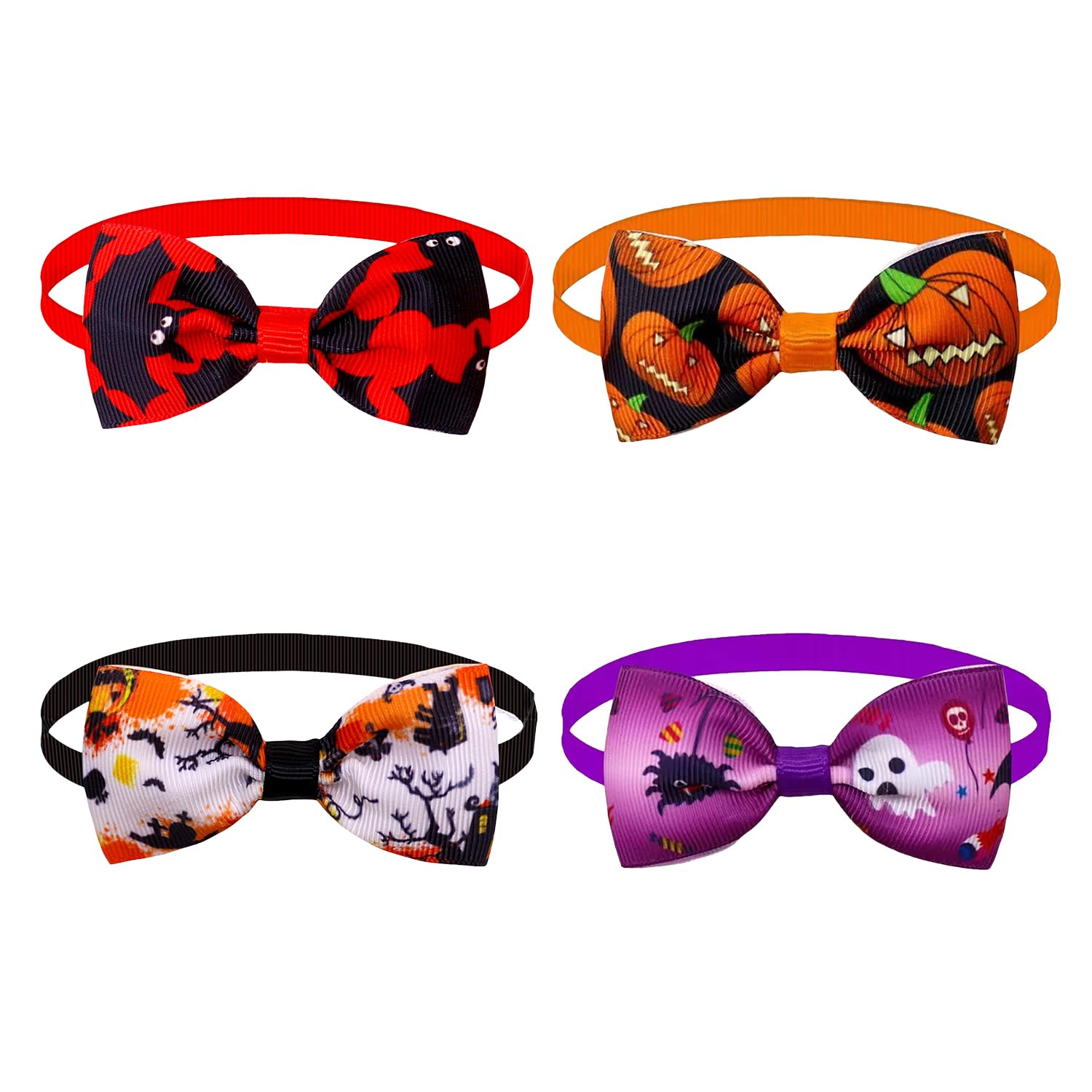 Miaija 4Pieces Halloween Pet Bow Ties Various Creative Patterned Bow Tie Adjustable Soft Dog Collar for Pet Small Cats Holiday Decor