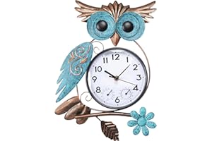 MUMTOP Owl Outdoor Clock Waterproof, 14.56 Inch Outside Wall Clock with Thermometer Combo for Patio Pool Garden Home Decor