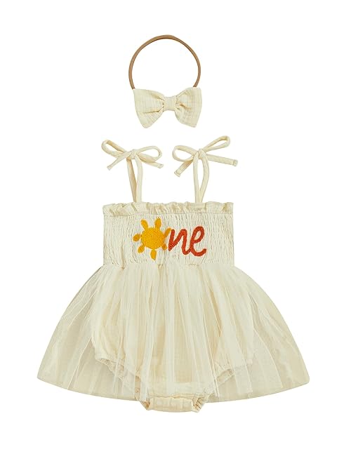 Baby Girl Summer Romper Dress Sleeveless Letter Strawberry Embroidery Tulle Romper 1st Birthday Outfit with Headband (G-a-Apricot, 6-12 Months)